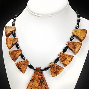 Eucalyptus burl necklace with black glass beading