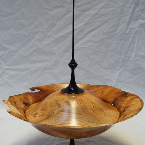 Yew Lidded Bowl On Pedestel With Tall Ebonisied Finial.