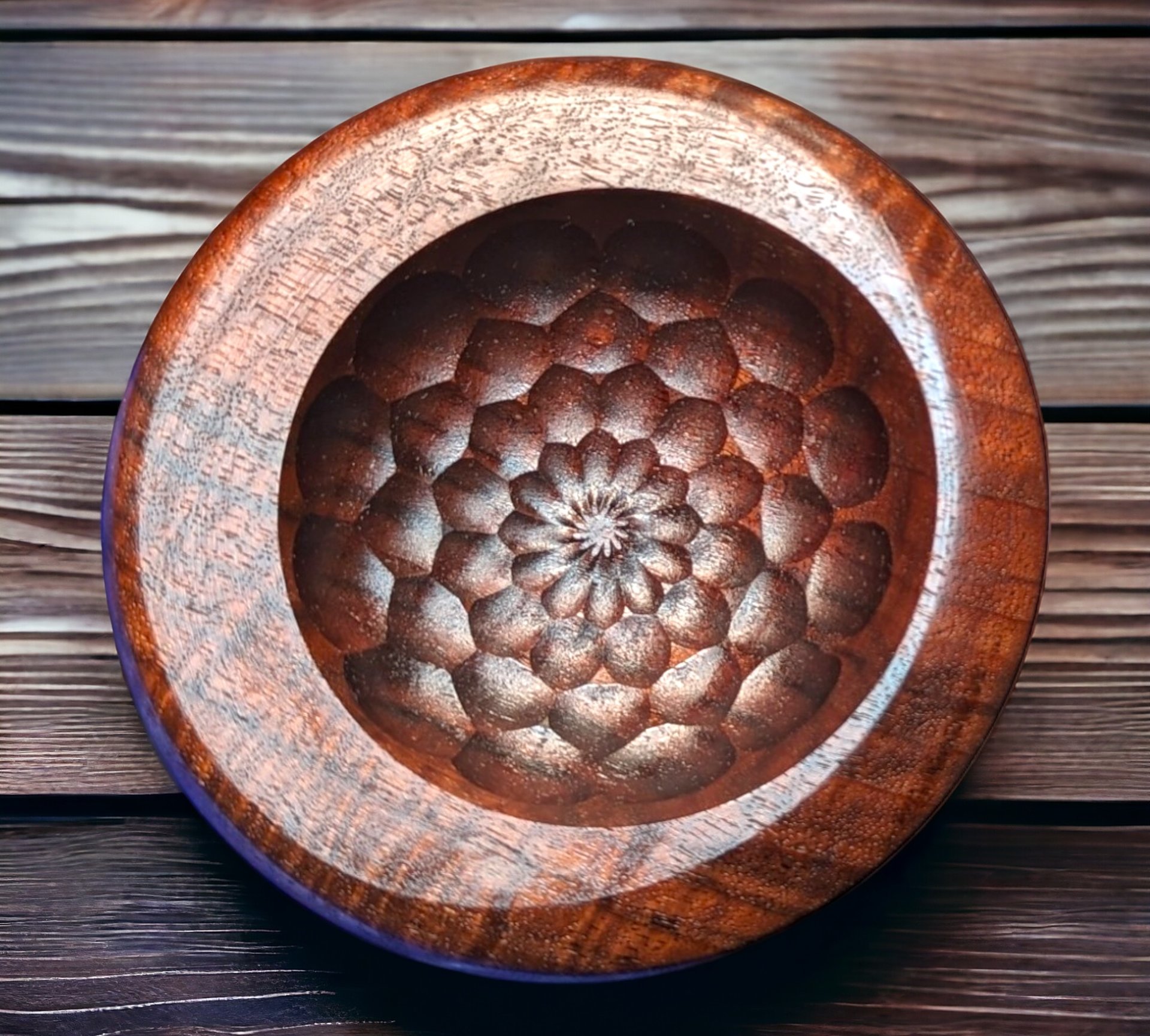 Multi-axis figured walnut bowl with rose engine accents