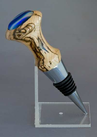 Spalted Hackleberry stopper with dichroic glass cab