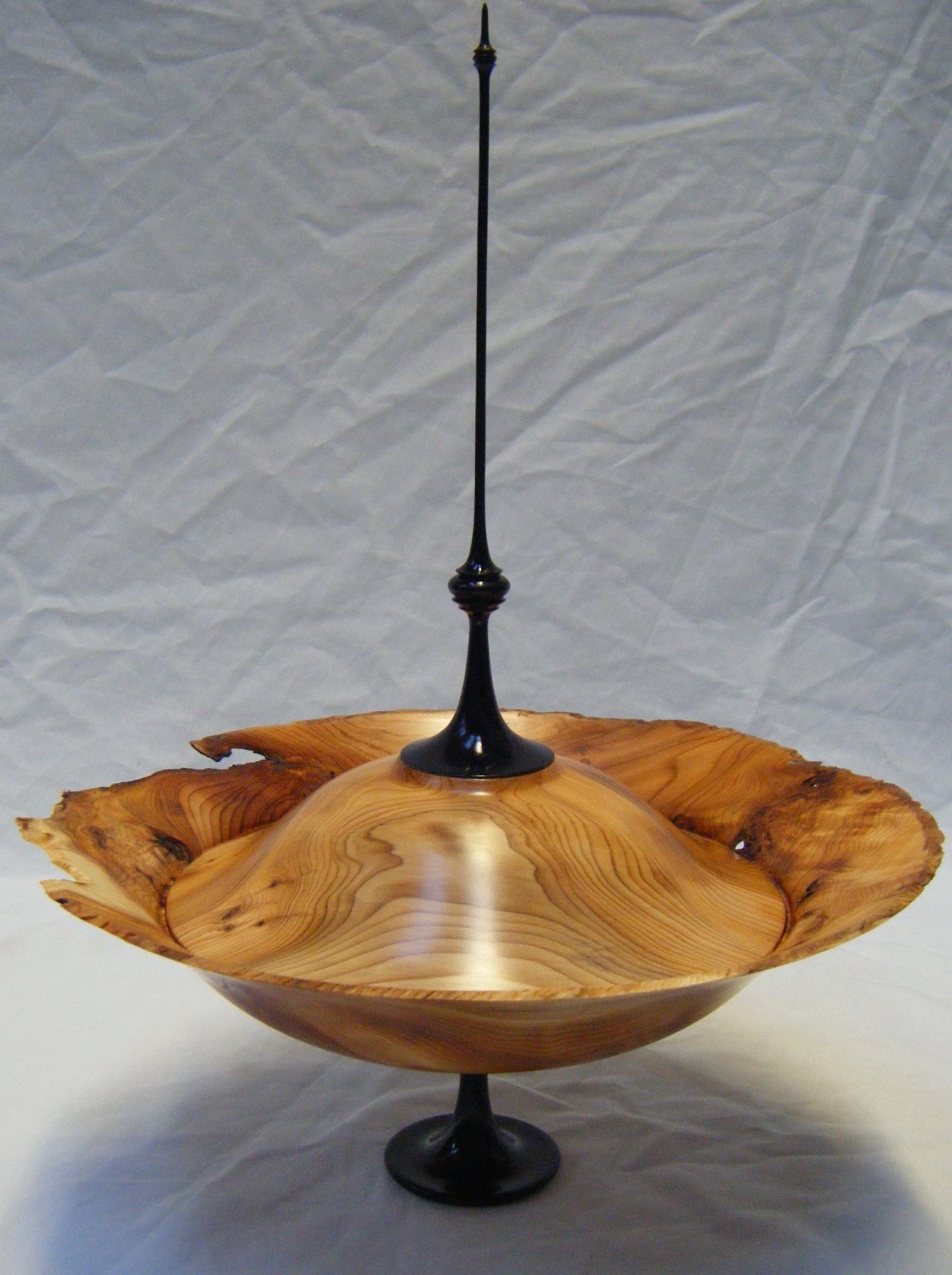 Yew Lidded Bowl On Pedestel With Tall Ebonisied Finial.