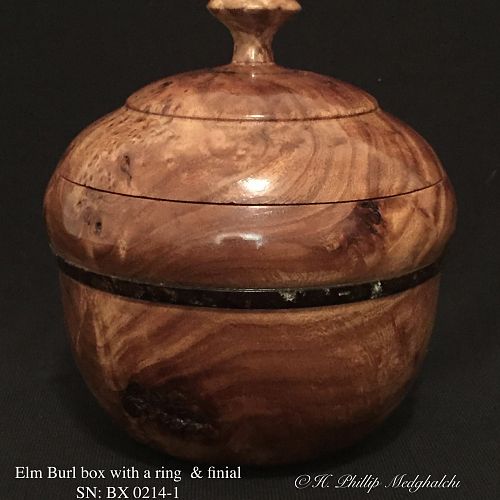 Elm burl box with a finial and a custom ring