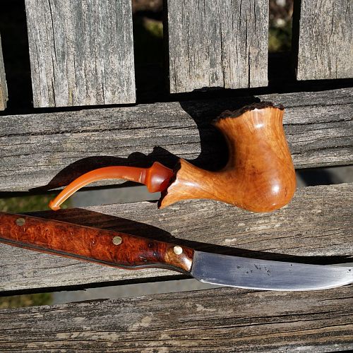 Fillet knife for fishing, with hand-forged steel, Amboyna burl & brass; and pipe turned and carved from Italian Briar wood