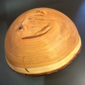 Bottom view of my cherry natural edge bowl.  9” x 11” x 5” tall