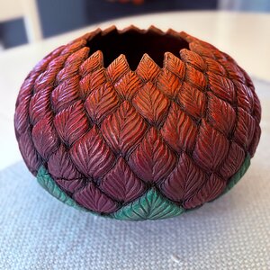 Cherry Hollow Form, Turned, Carved, Pyrography Textured, Acrylic Dry brushed