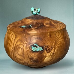 Russian Olive Vessel with Fox Turquoise Inlay & Claro Walnut Lid with Hubei Turquoise Finial