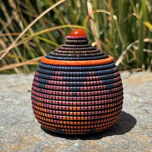 Blue, Pink and Orange Zulu Basket Illusion Herb Box with Carnelian Cabochon