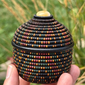 Black, Green, Red and Yellow Zulu Basket Illusion Herb Box with Quartz Cabochon