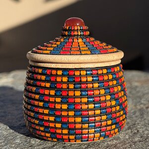 Red, Orange, Yellow and Blue Zulu Herb Basket Illusion Box with Carnelian Cabochon (side view)