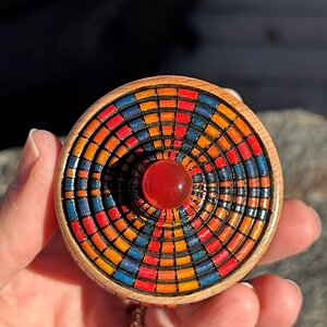 Red, Orange, Yellow and Blue Zulu Herb Basket Illusion Box with Carnelian Cabochon (top view)