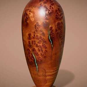 Camphor Burl Vessel with Opal Inlay and Sapele Base