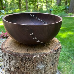 Walnut Bowl Stitched w/Silver Wire
