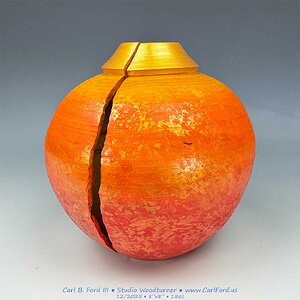 Artistically Cracked Golden Sunset Vase, 12/2025, Turned Wild Apple Wood, 8" Diameter, 8-1/2" Tall, 18 oz. Handmade Wood Art