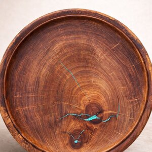 Mesquite Pizza Crust Platter with Fox Turquoise Inlay (front)