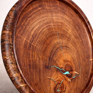 Mesquite Pizza Crust Platter with Fox Turquoise Inlay (side)