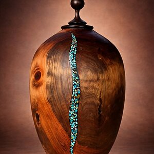 Ebonized Alligator Juniper and African Blackwood Vessel with Kingman Turquoise Inlay (front)