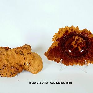 Red Mallee Burl, before and after showing the true colors in the burl
