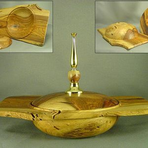 Pecan Winged Lidded Bowl w/ Solid Brass Finial