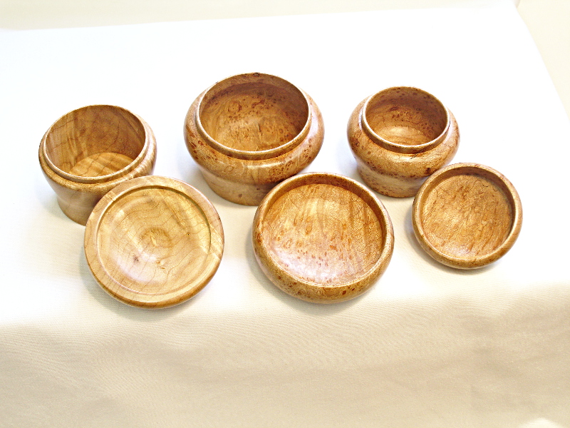 3 Little Lidded Boxes in Maple Burls - Open