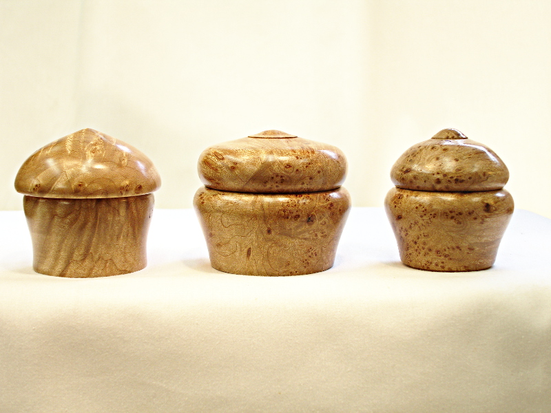 3 Little Lidded Maple Burl Boxes