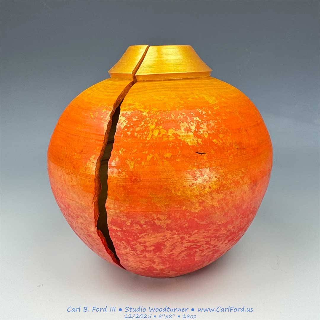 Artistically Cracked Golden Sunset Vase, 12/2025, Turned Wild Apple Wood, 8" Diameter, 8-1/2" Tall, 18 oz. Handmade Wood Art