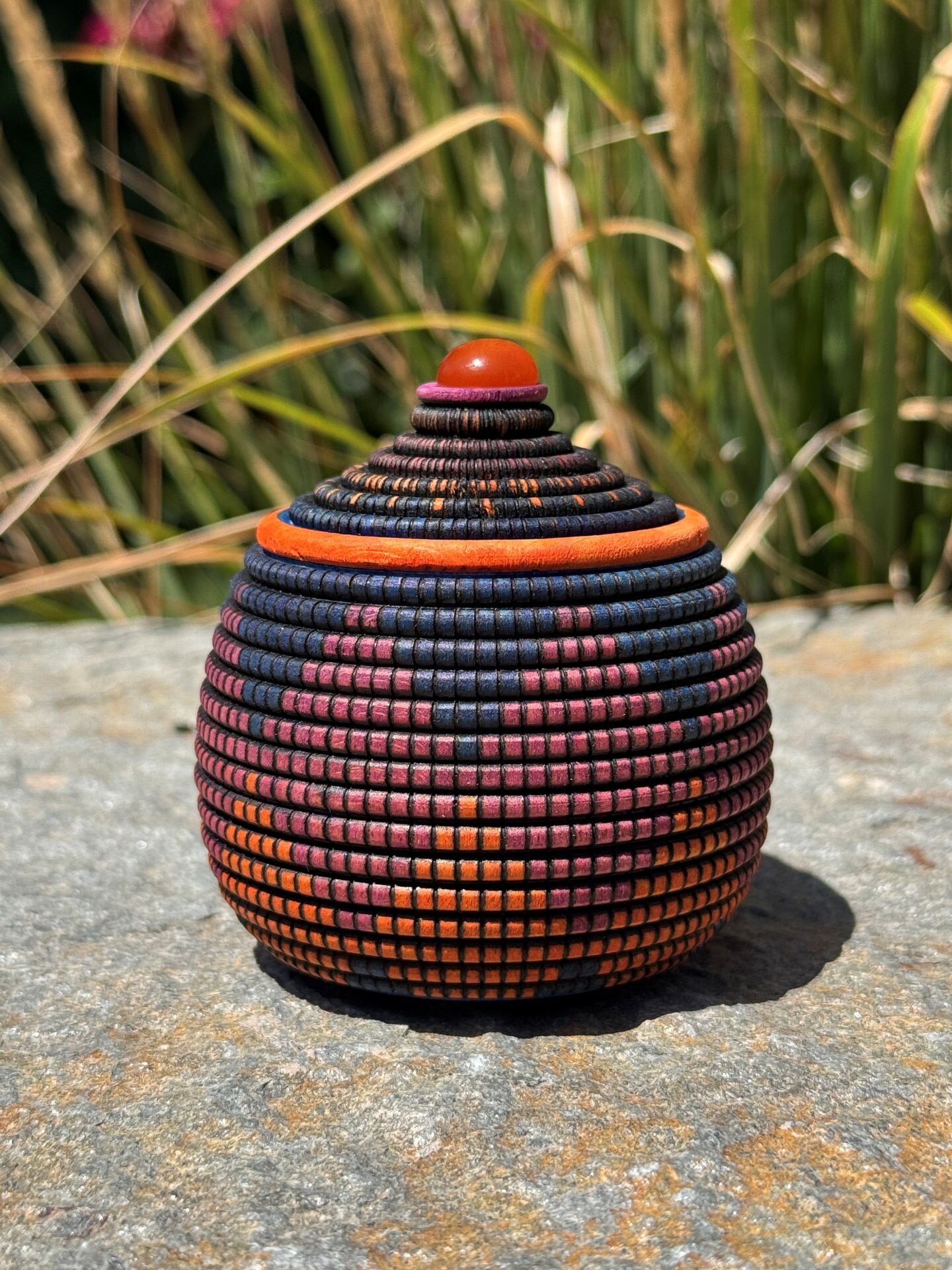 Blue, Pink and Orange Zulu Basket Illusion Herb Box with Carnelian Cabochon