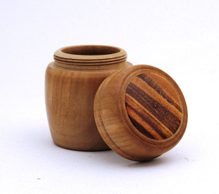 Bradford Pear box with tigerwood insert.in a threaded lid.