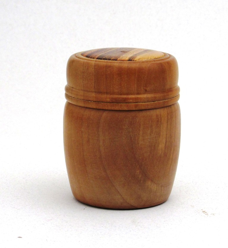 Bradford Pear box with tigerwood insert.in a threaded lid.