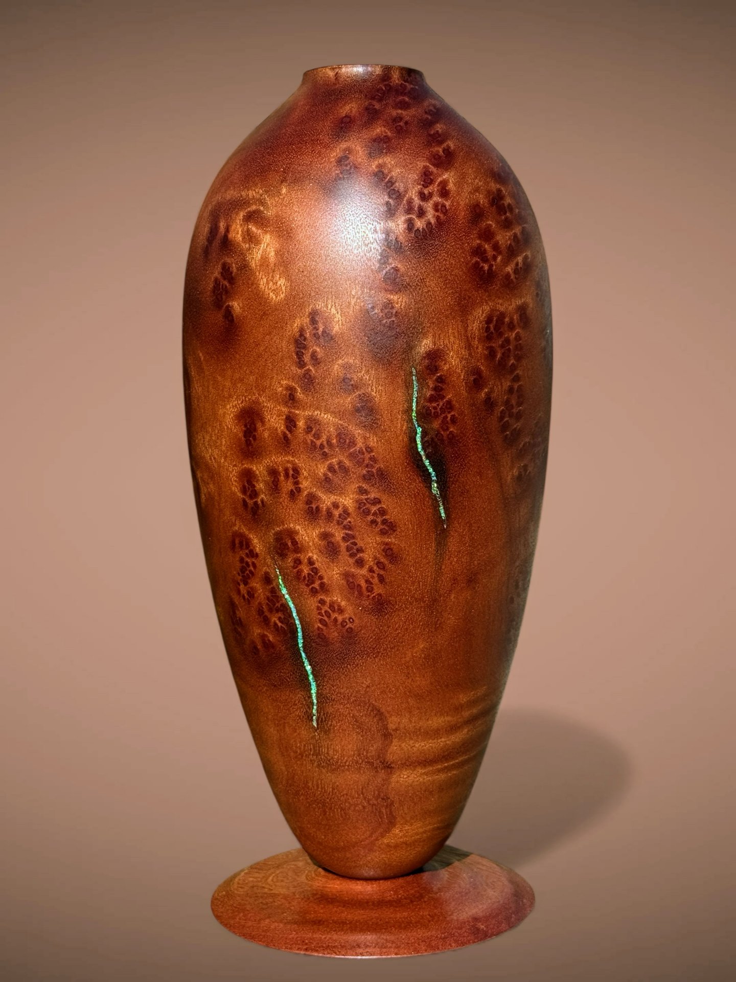 Camphor Burl Vessel with Opal Inlay and Sapele Base