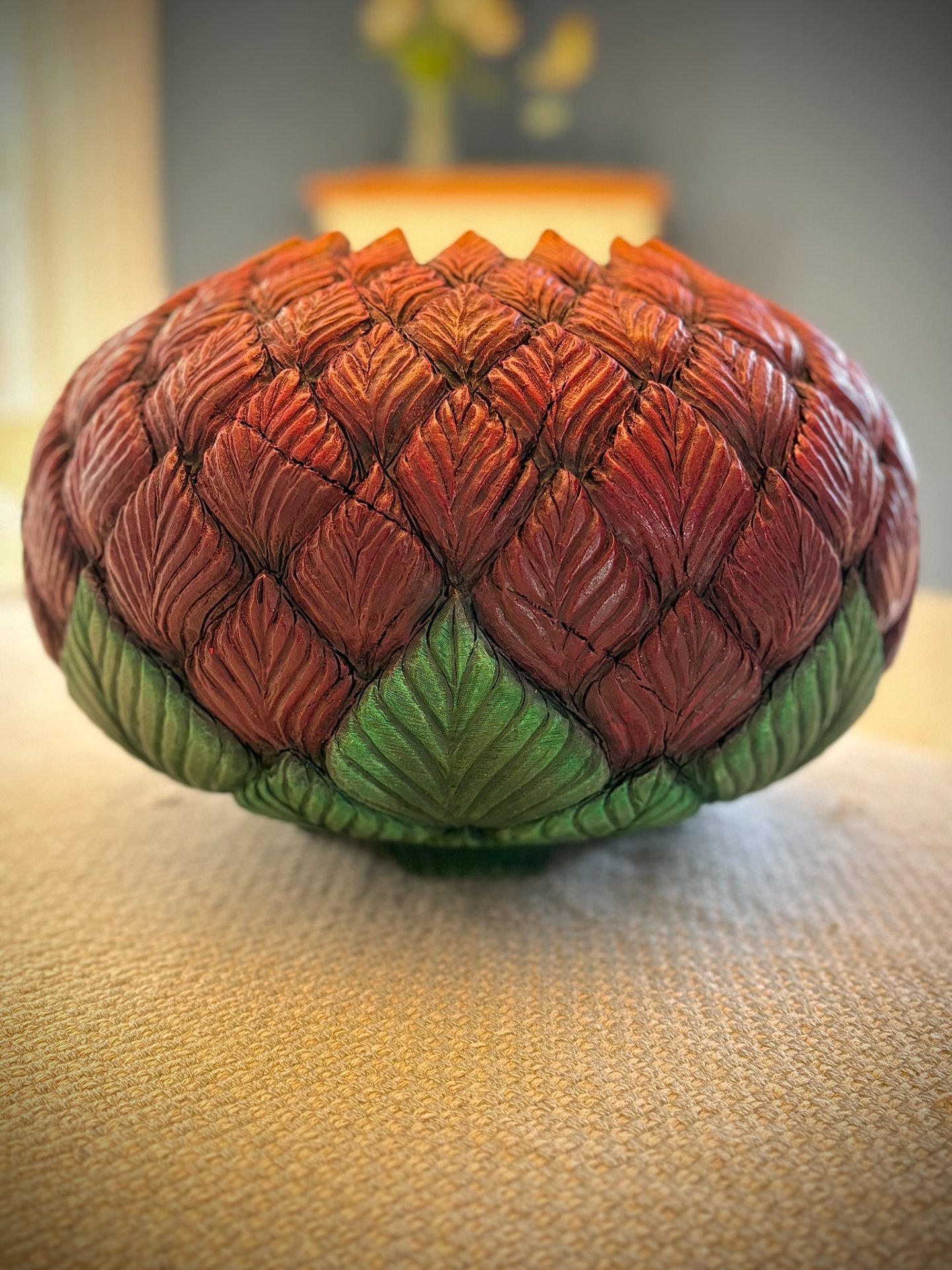 Cherry Hollow Form, Turned, Carved, Pyrography Textured, Acrylic Dry brushed