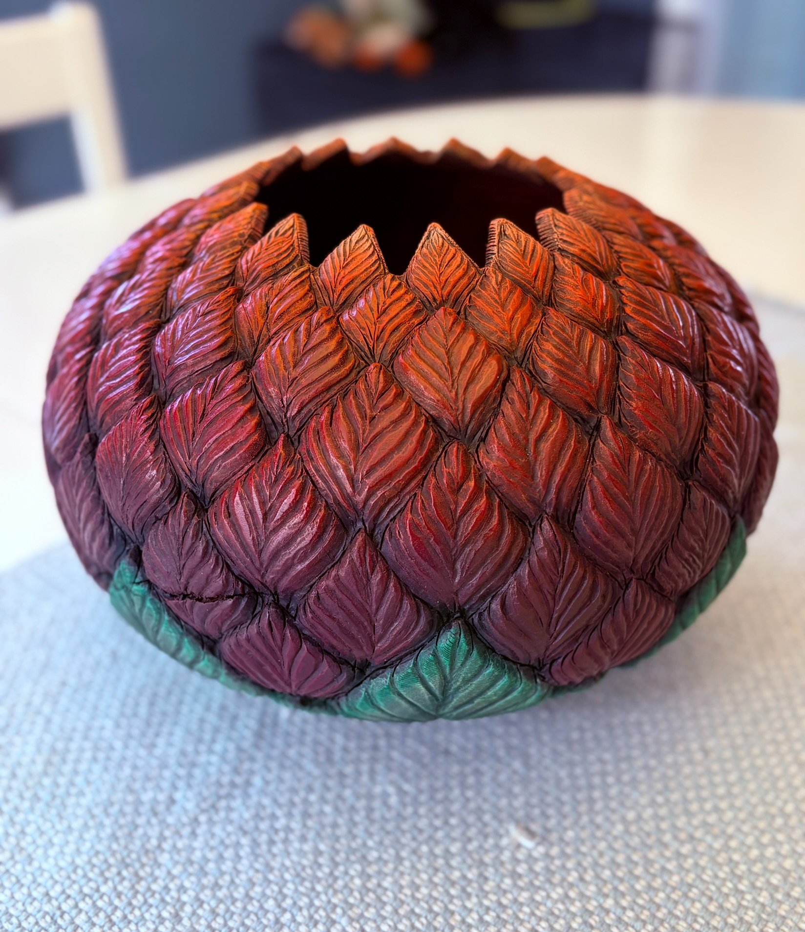 Cherry Hollow Form, Turned, Carved, Pyrography Textured, Acrylic Dry brushed
