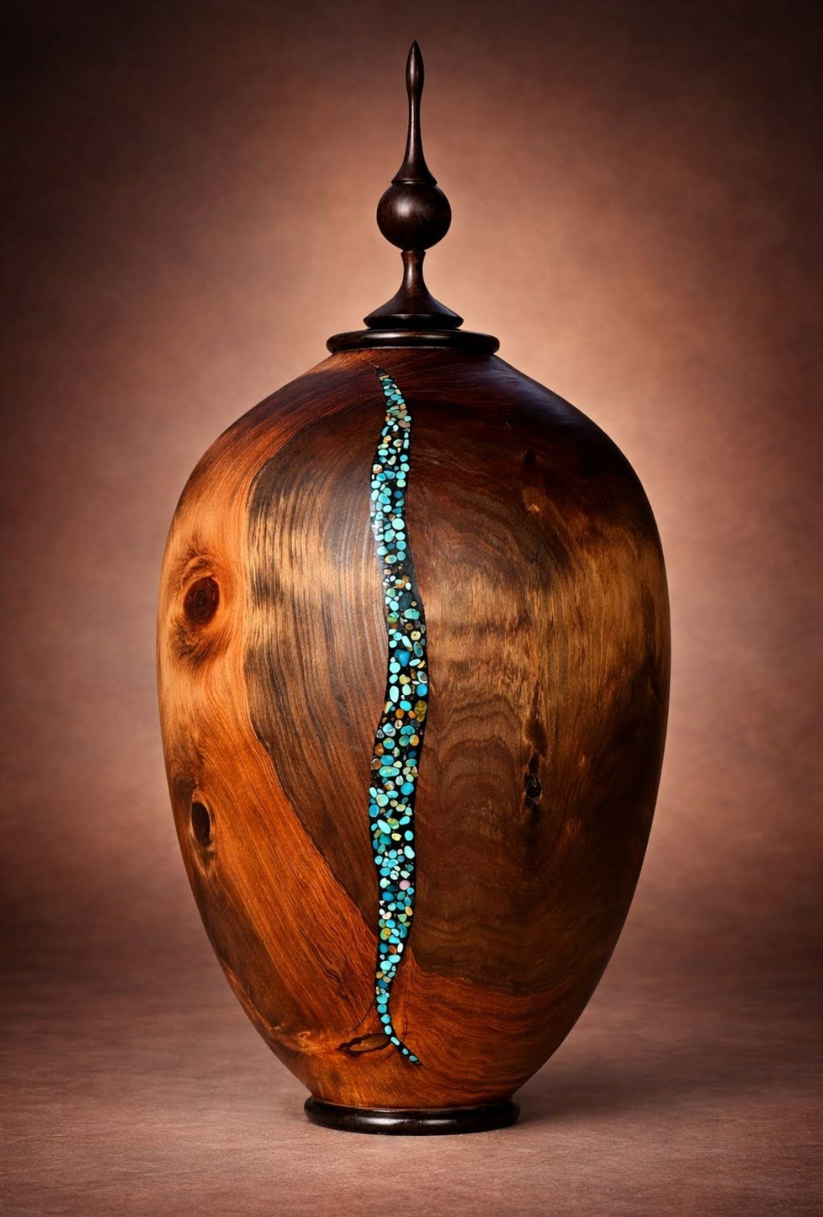 Ebonized Alligator Juniper and African Blackwood Vessel with Kingman Turquoise Inlay (front)