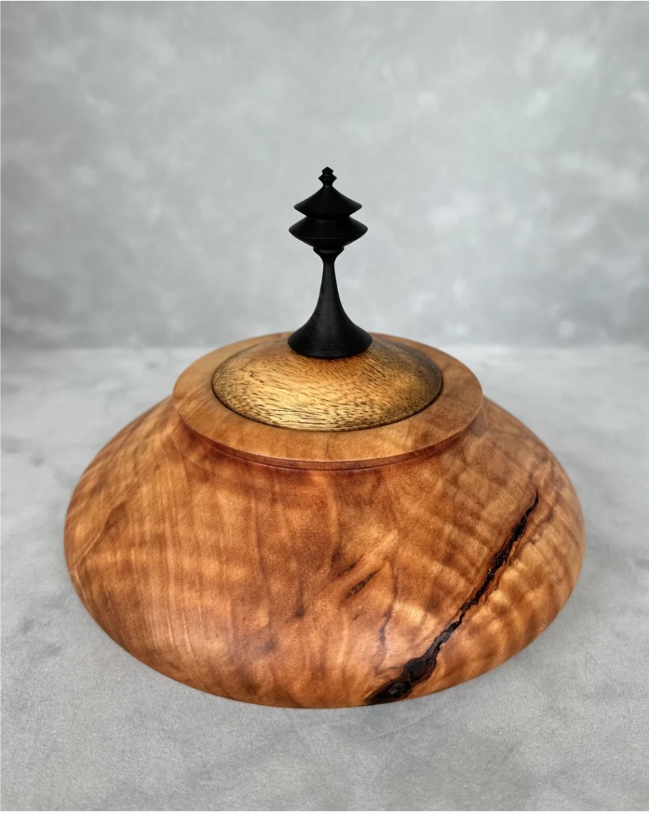 Figured Maple Hollow Form with African Blackwood Lid + Finial