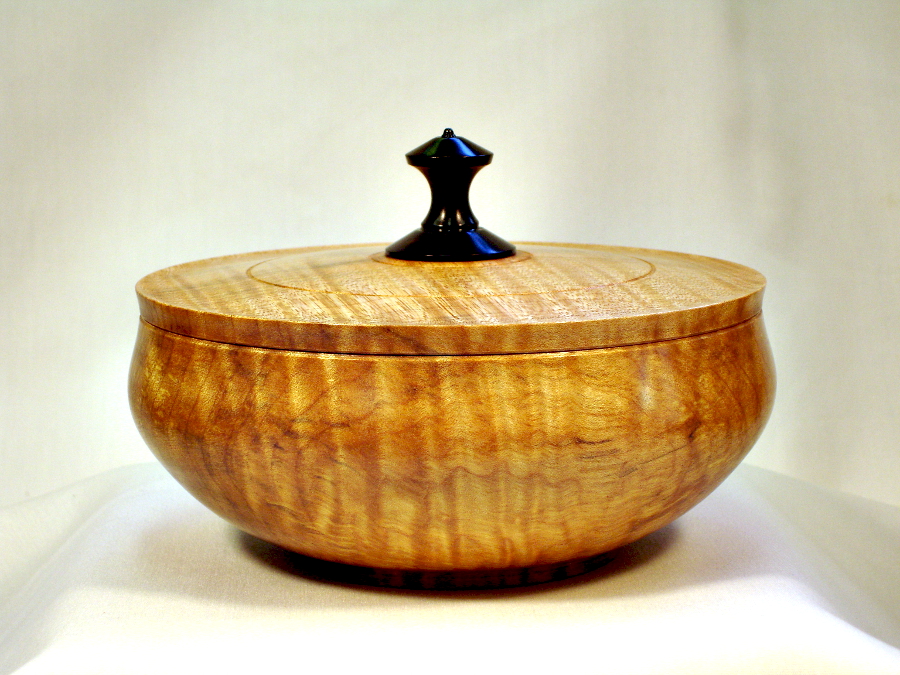 Lidded Maple Bowl w/Fiddleback Figure & African Blackwood finial. 1204-