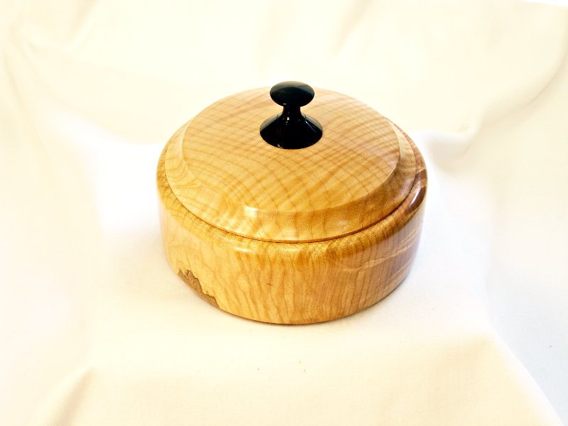 Lidded Maple Box w/Fiddleback Figure & African Blackwood finial. 1208-