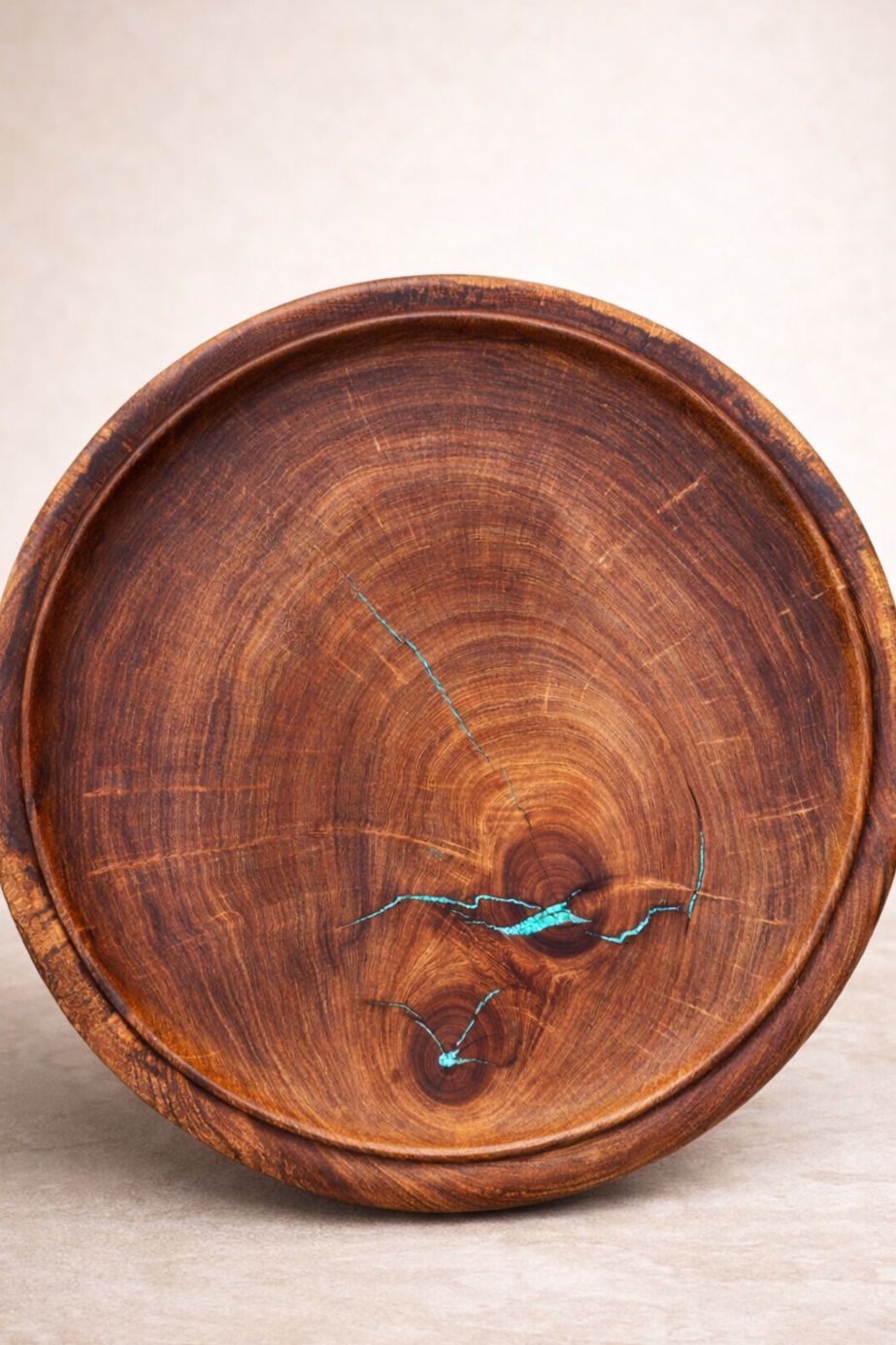 Mesquite Pizza Crust Platter with Fox Turquoise Inlay (front)
