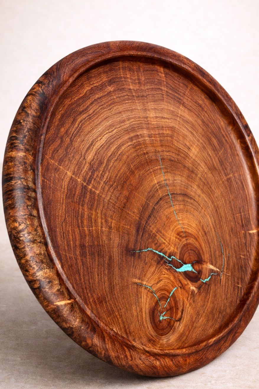 Mesquite Pizza Crust Platter with Fox Turquoise Inlay (side)