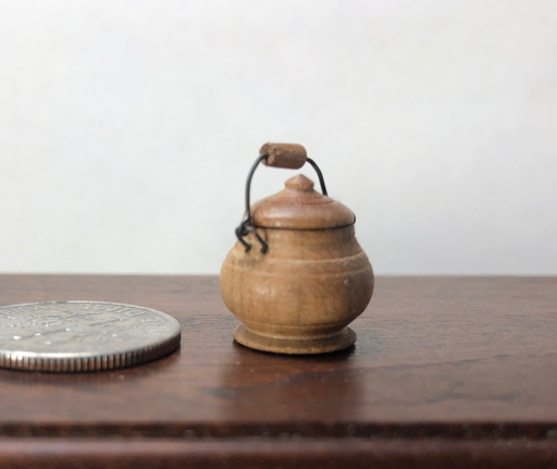 Miniature sugar pot with aged copper wire/wood handle