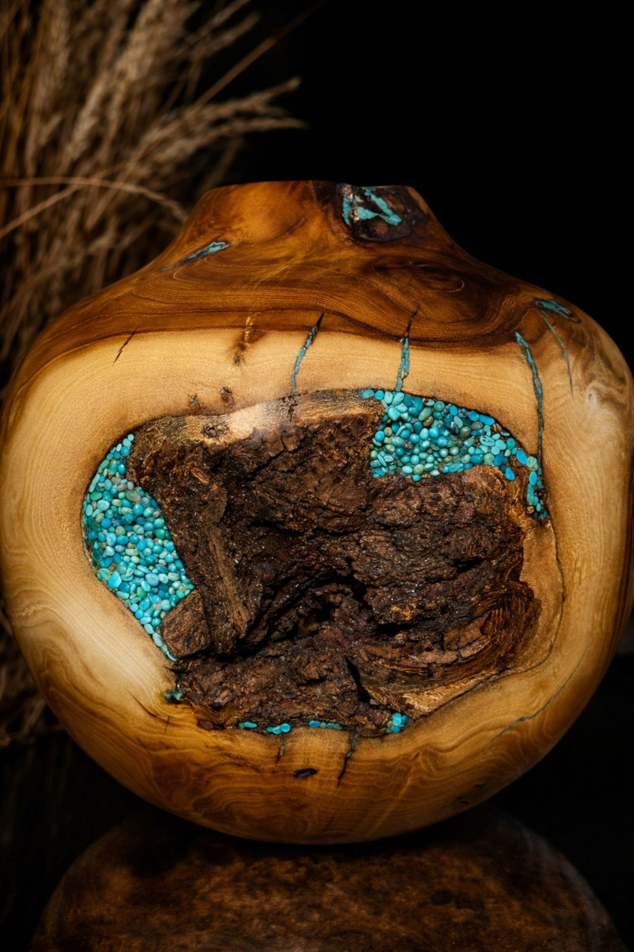 Mulberry Hollow Form with Turquoise Inlay (bark inclusion view)