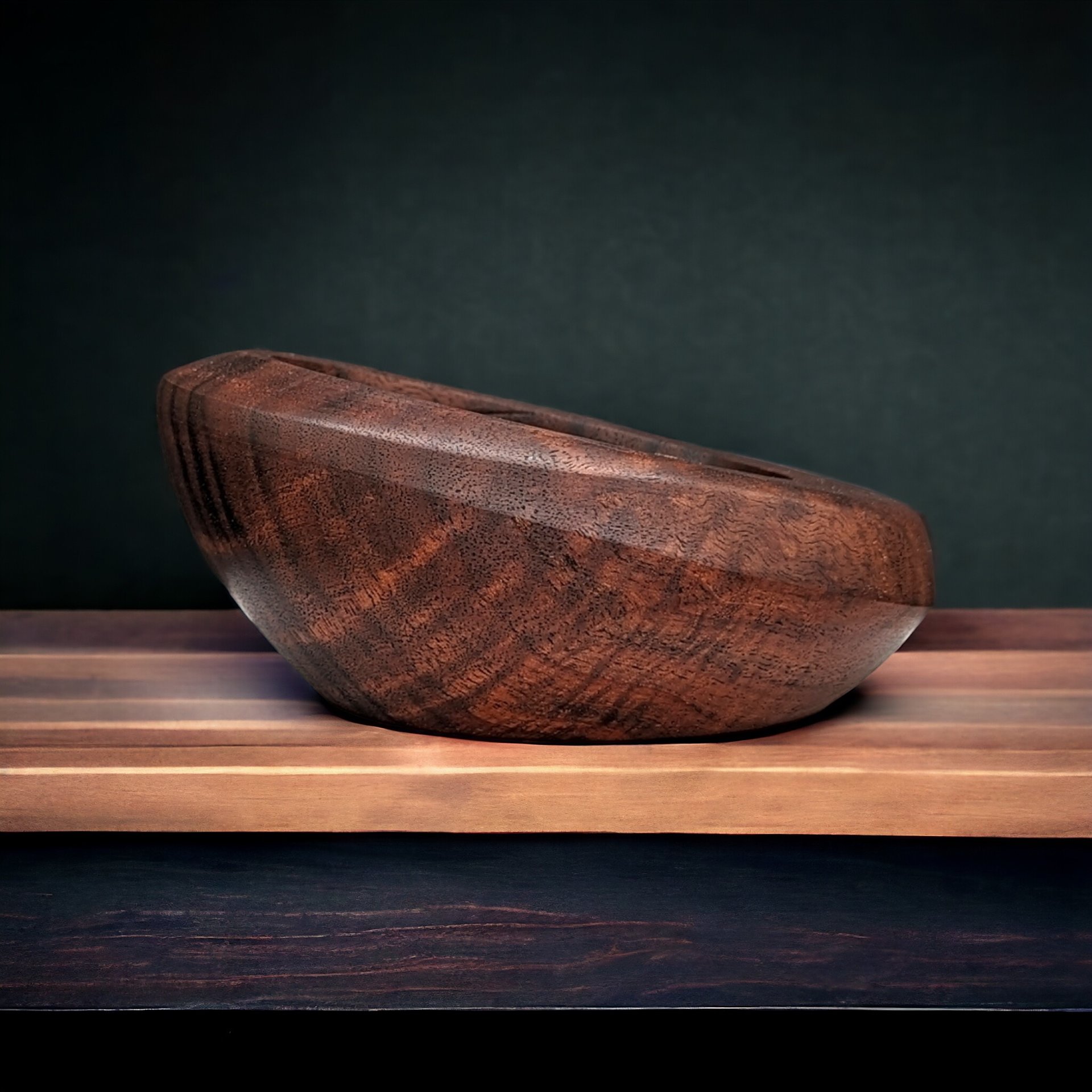 Multi-axis figured walnut bowl with rose engine accents