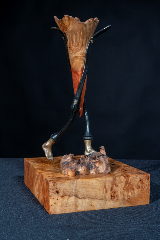 Out for a hike.  Amboyna burl, ebony, and hand-cast brass feet (collaboration with Boris Bally)