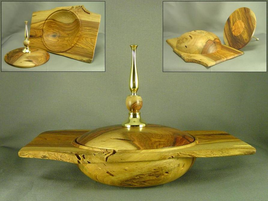 Pecan Winged Lidded Bowl w/ Solid Brass Finial