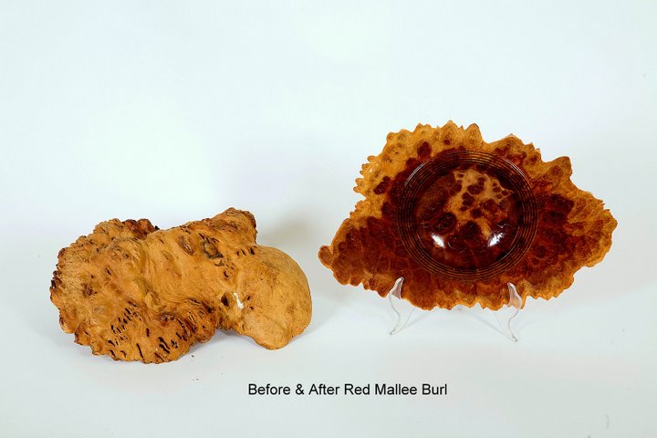 Red Mallee Burl, before and after showing the true colors in the burl