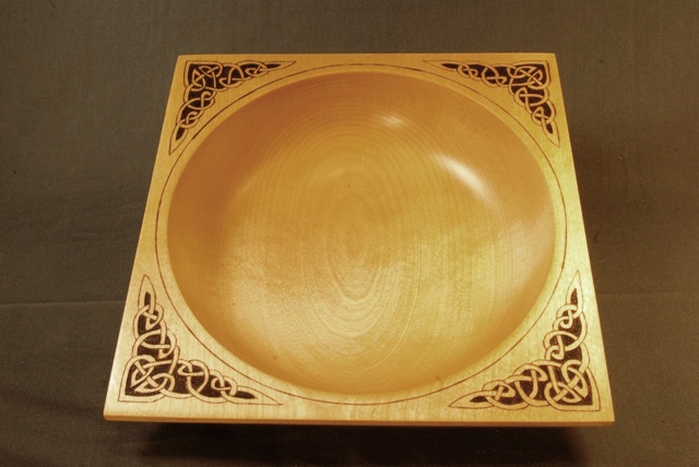 Square top birch bowl with Celtic Knot work.