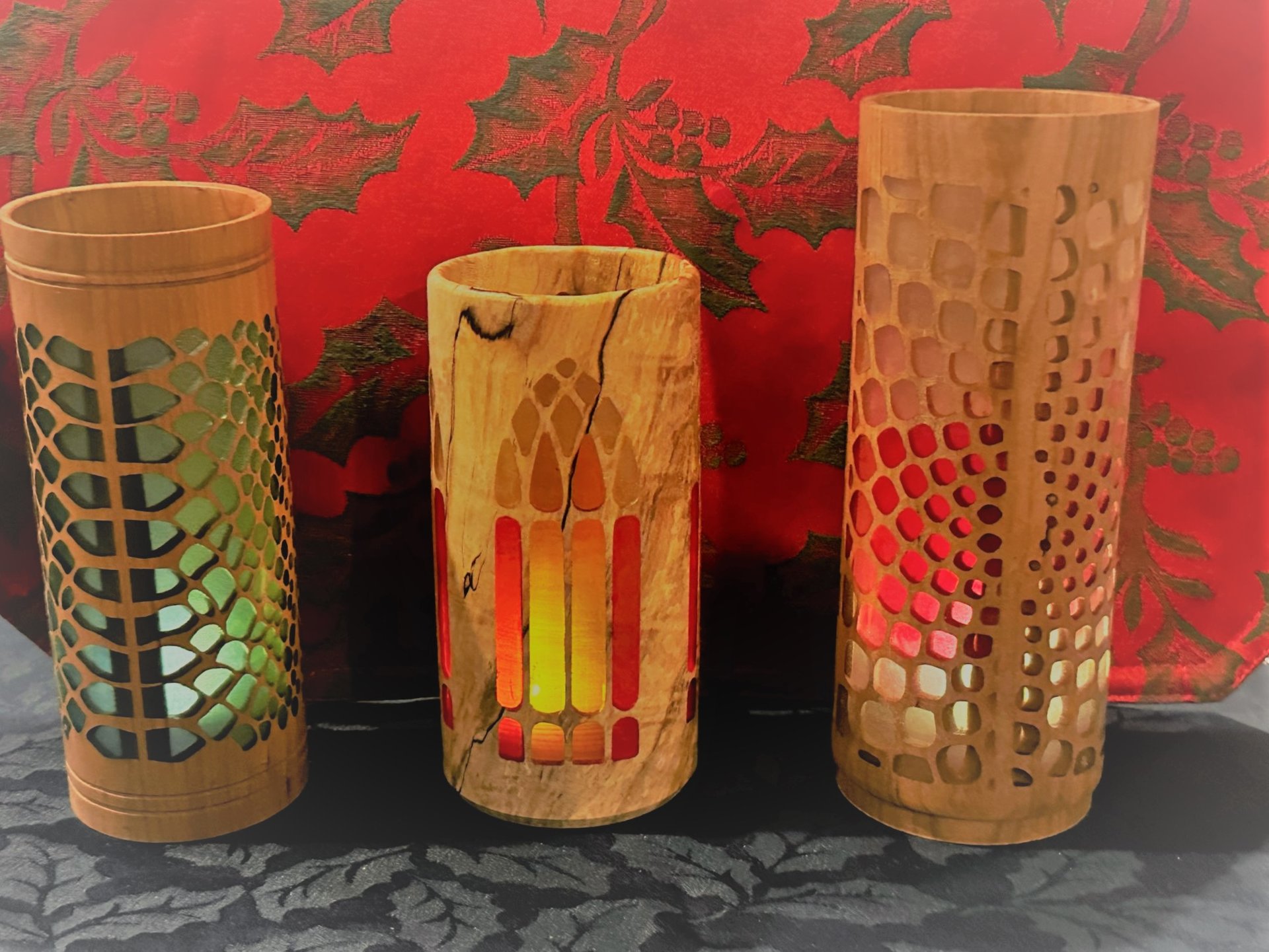 Three vases with translucent epoxy inlays.