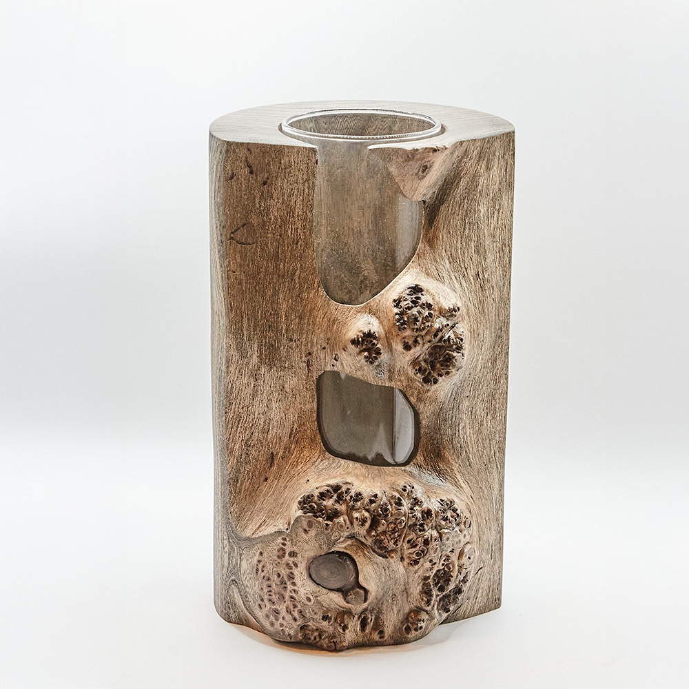 Vase made of elm burl with glass insert