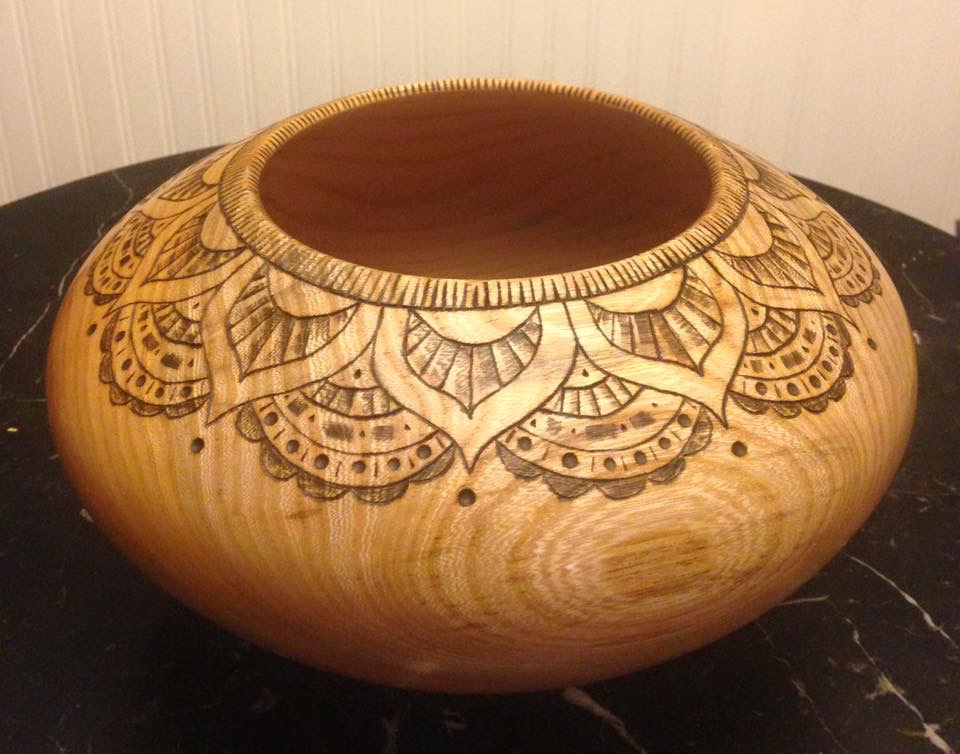 Zelkova elm open form one vessel with design